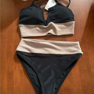 LainSnow Black and Cream Ribbed Two-Tone High-Waist Bikini